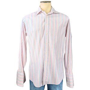 Charles Tyrwhitt 15.5/35 Pink Purple Stripe French Cuff Non-Iron Dress Shirt